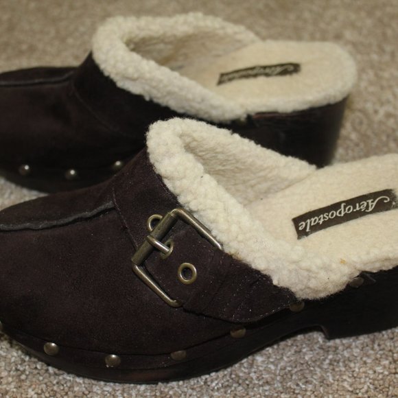 Aeropostale Brown Sherpa Fleece Lined Buckle Studded Clogs Womens Shoe Size 7 - Picture 4 of 8